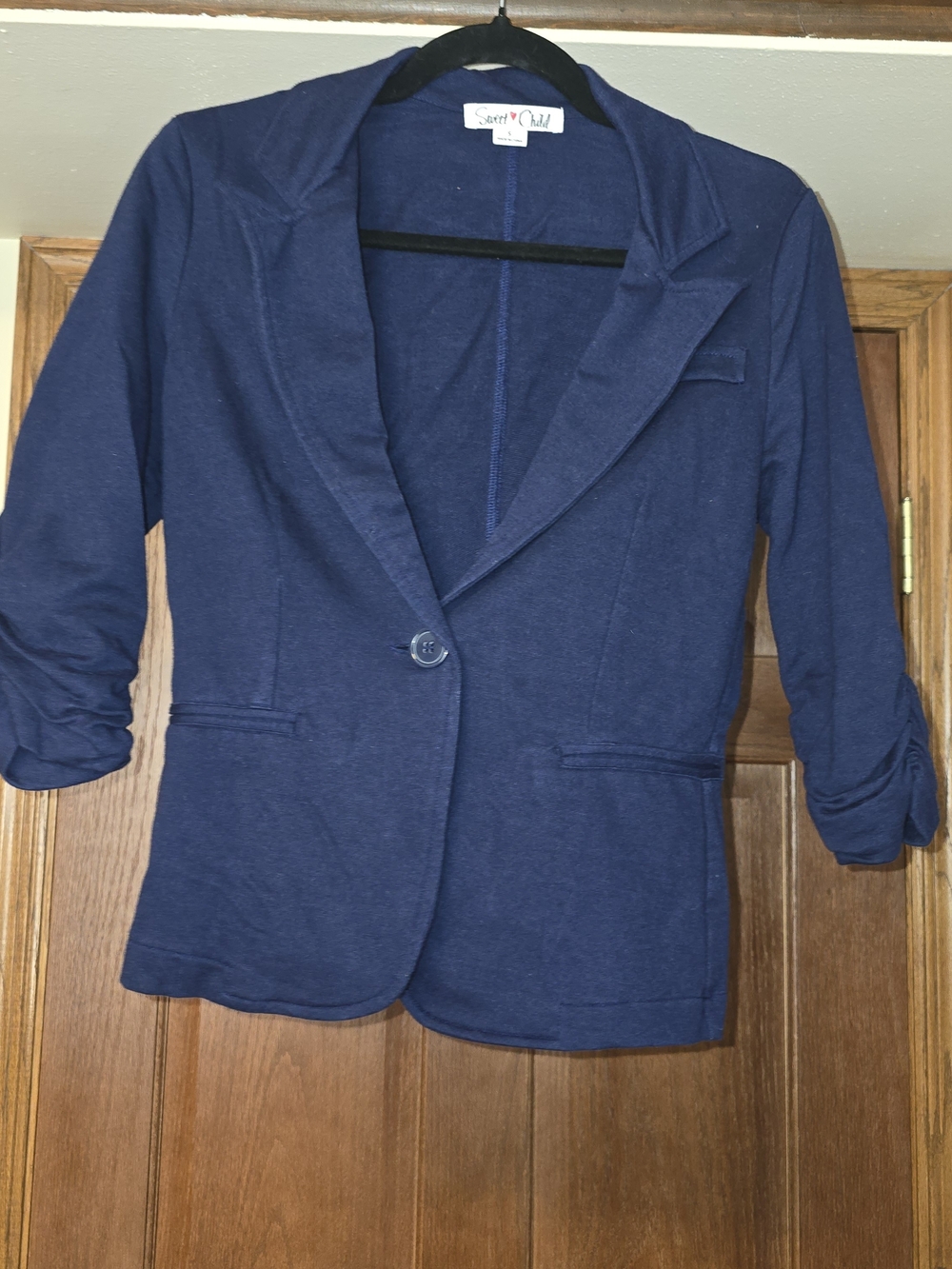 Sweet Child Navy Knit Blazer Women's Small Ruched 3/4 Sleeve Career Jacket